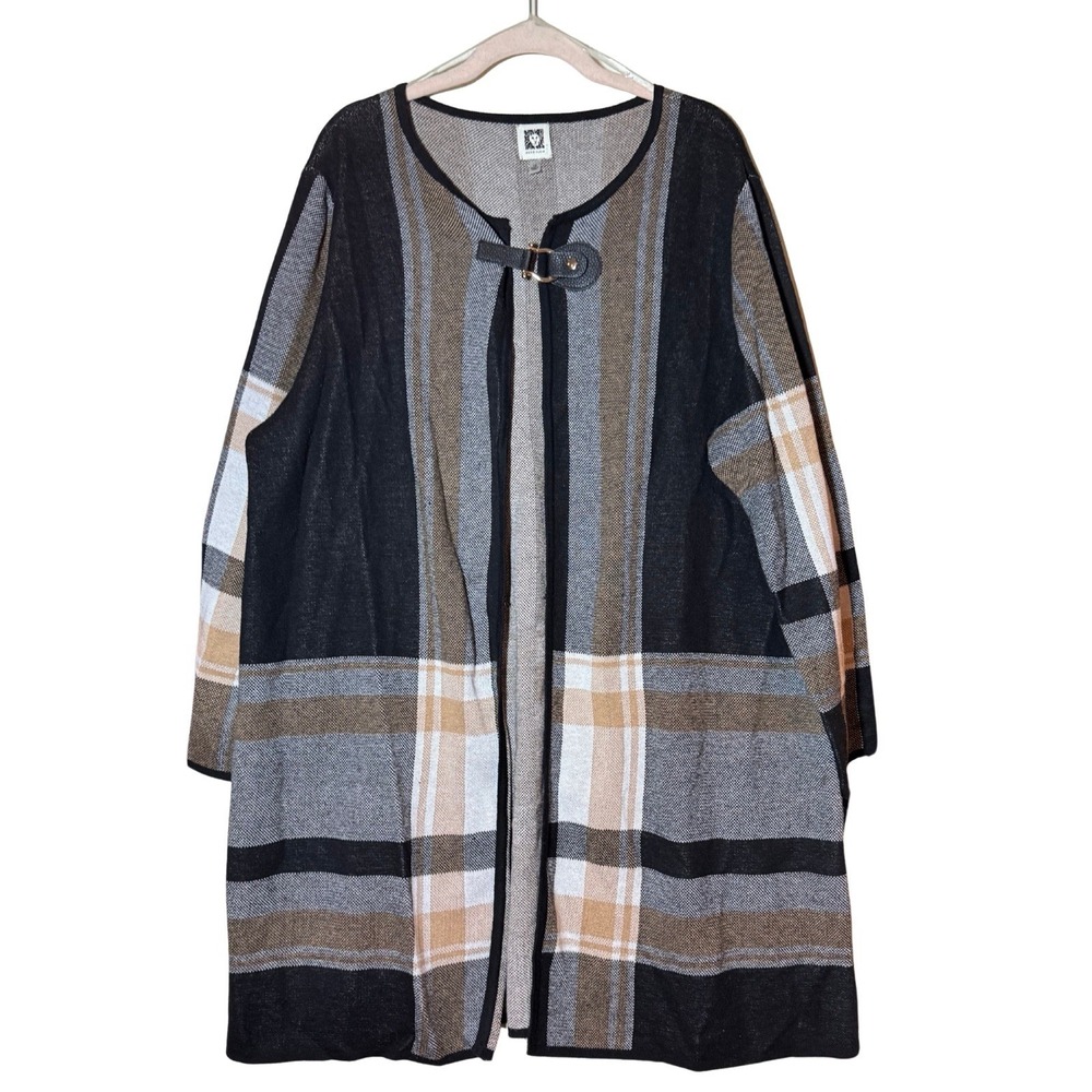 Anne Klein Women's Camel Black Plaid Knee-Length Sweater Coat Cardigan 1X Button